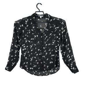 Womens Express Black Sheer Portofino Shirt White Bird Print Button Up Size XS